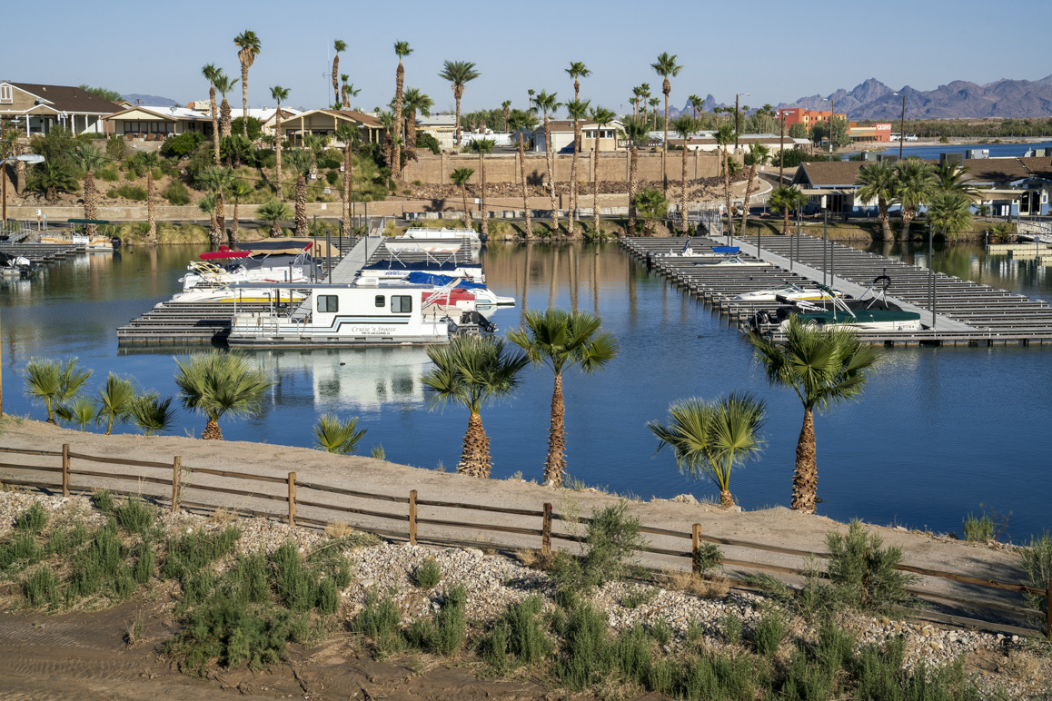 Havasu Landing Marina with the newly opened Chemehuevi-operated casino shown in the upper-right corner of the image. Photo: Kim Stringfellow.