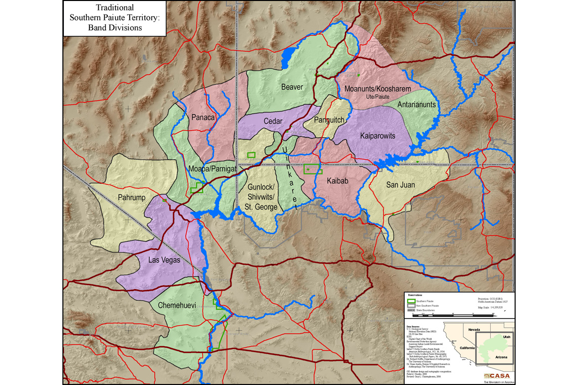 This map shows traditional Southern Paiute territories. Up to thirty-five distinct Paiute bands present during the mid-nineteenth century were consolidated into this representation. Credit: Kaibab Band of Paiute Indians website.