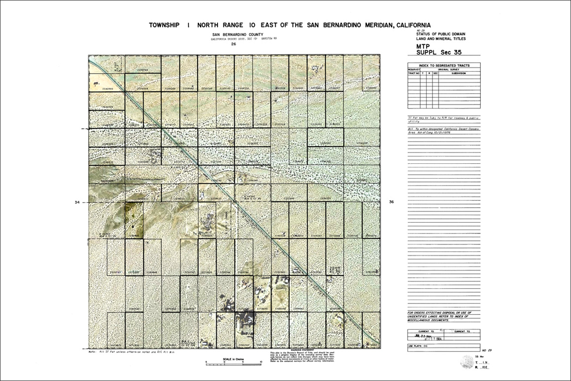 A modified survey plat of Section 35 in Wonder Valley, California, showing the Worth Brewer Homestead parcel south of State Highway 62. Collection of Kim Stringfellow.