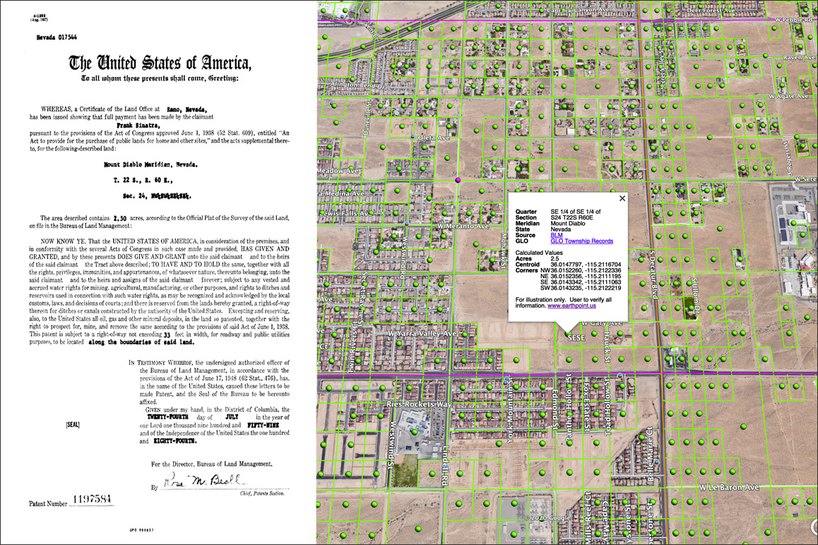 To the left is Frank Sinatra's Small Tract Patent No. 1197584 from 1959. Bureau of Land Management General Land Office Records. The map shows the location of his 2.5 acre parcel located in southwest Las Vegas, Nevada.