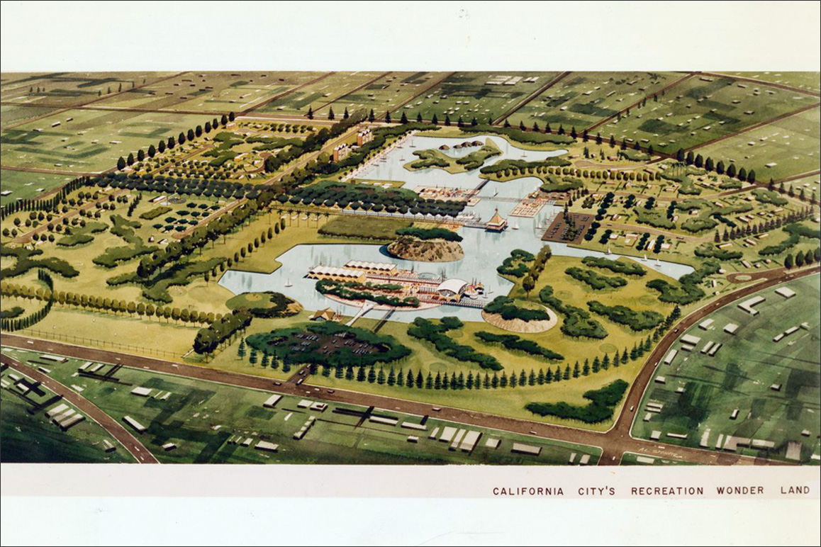 A concept rendering by Smith and Williams picturing the recreational center of California City's 1st community. Smith & Williams records, Architecture and Design Collection. Art, Design & Architecture Museum; University of California, Santa Barbara.