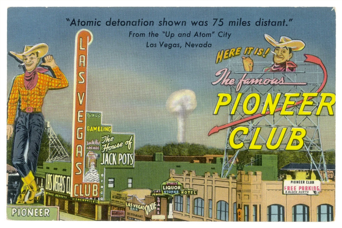 A vintage 1950s postcard with atomic detonation pictured north of Las Vegas' Fremont District.