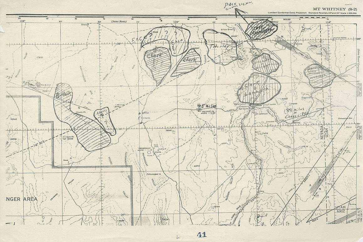 Topographic map with marked locations of Cedar City sheepranchers' winter grazing areas in Lincoln County, NV.  Utah Division of Archives and Record Service.