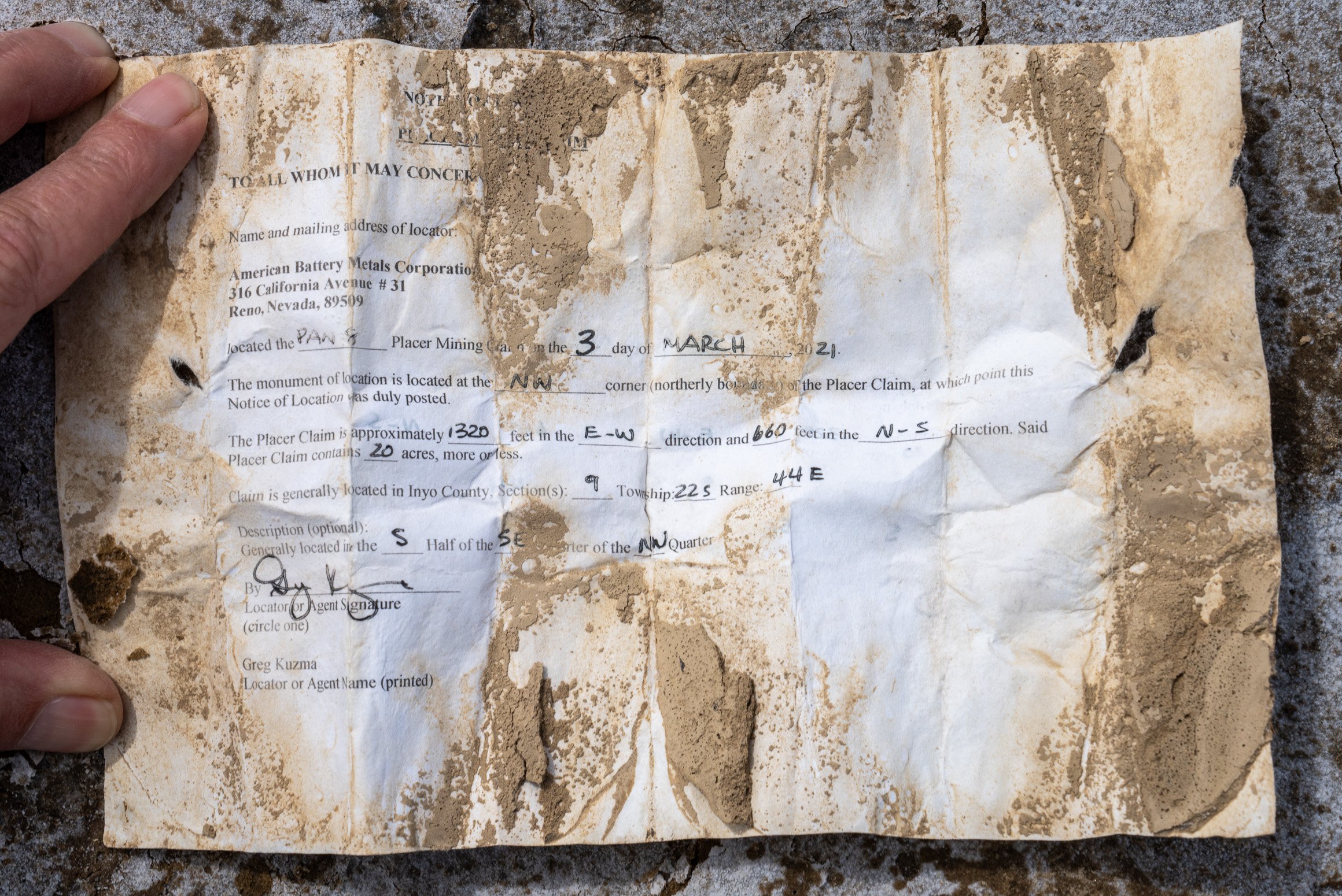 American Battery Metals Corporation located this placer lithium claim on March 3, 2021, in Panamint Valley near Ballarat, California. Panamint Valley is the basin directly west of Death Valley National Park. Conservationists are concerned with the possibility of a lithium mining operation so close to this renowned national park. © Kim Stringfellow 2024.